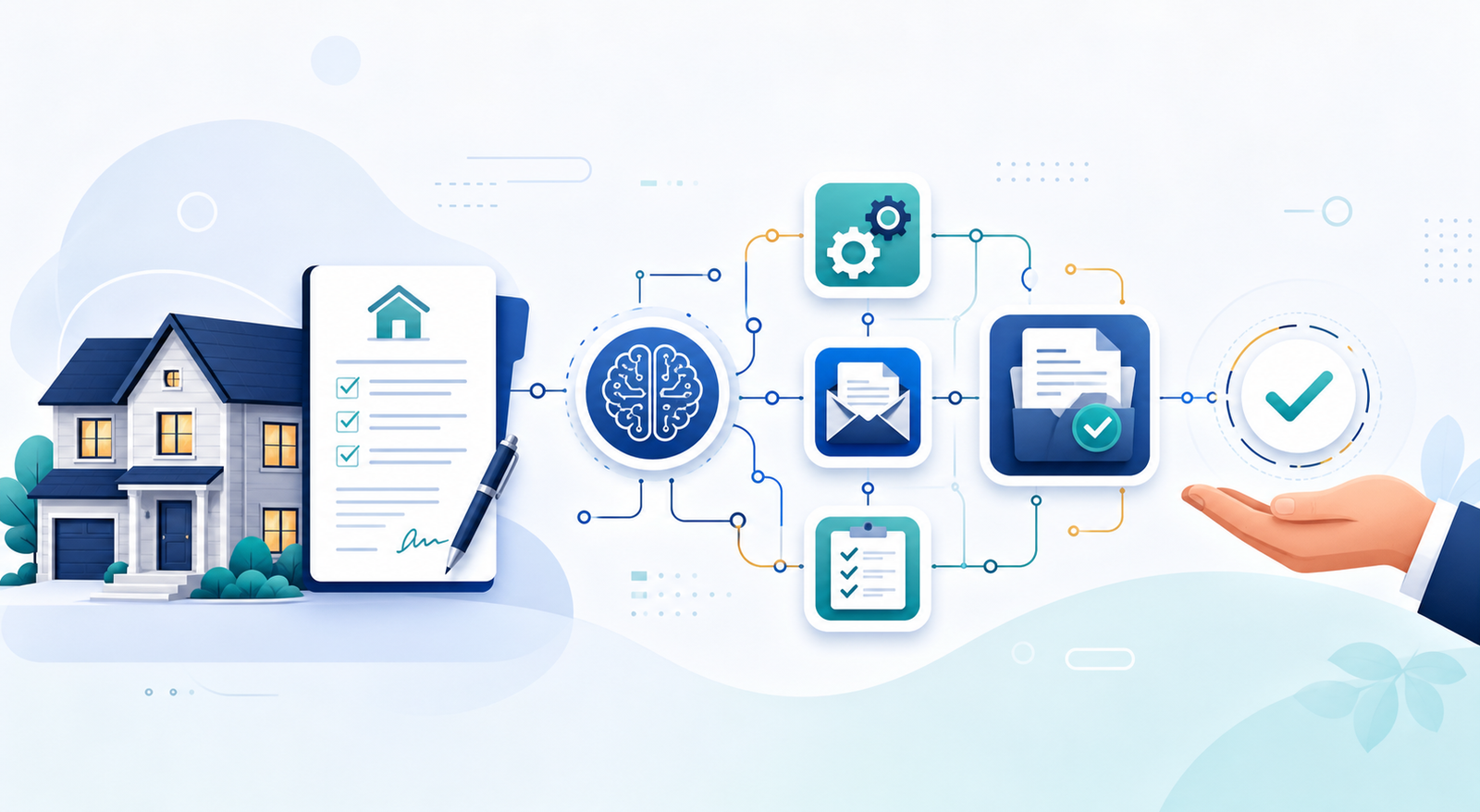 Illustration of AI-assisted real-estate and mortgage workflow automation with human approval