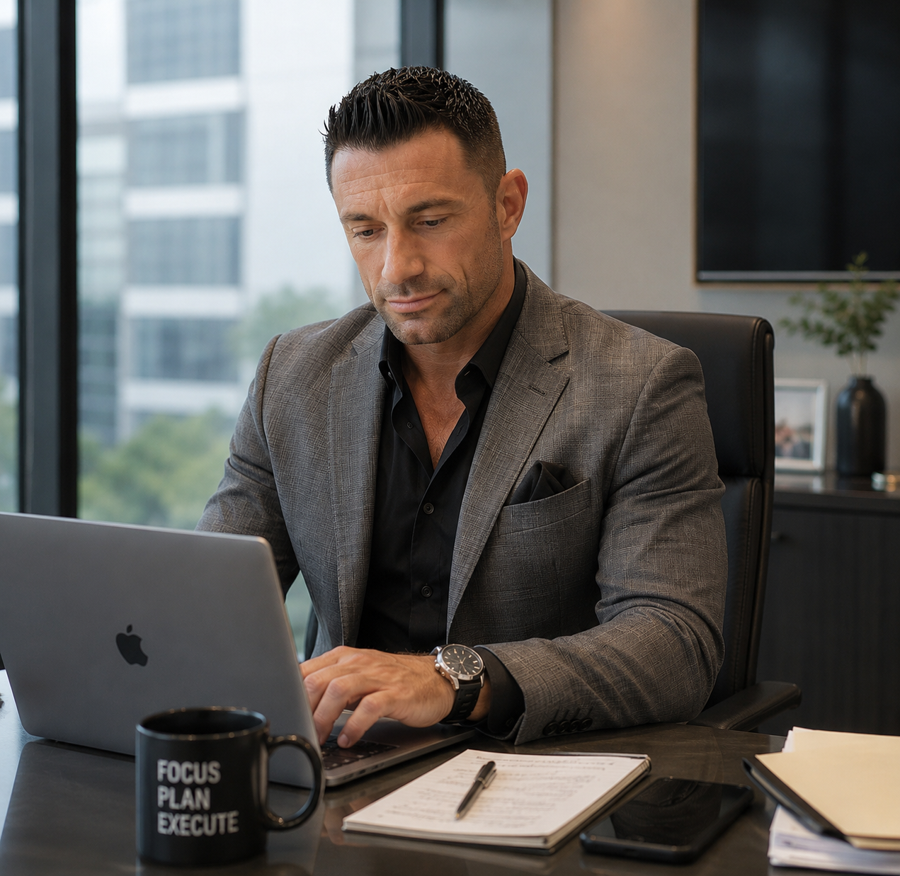 Jared Feder working on AI and business strategy at his laptop