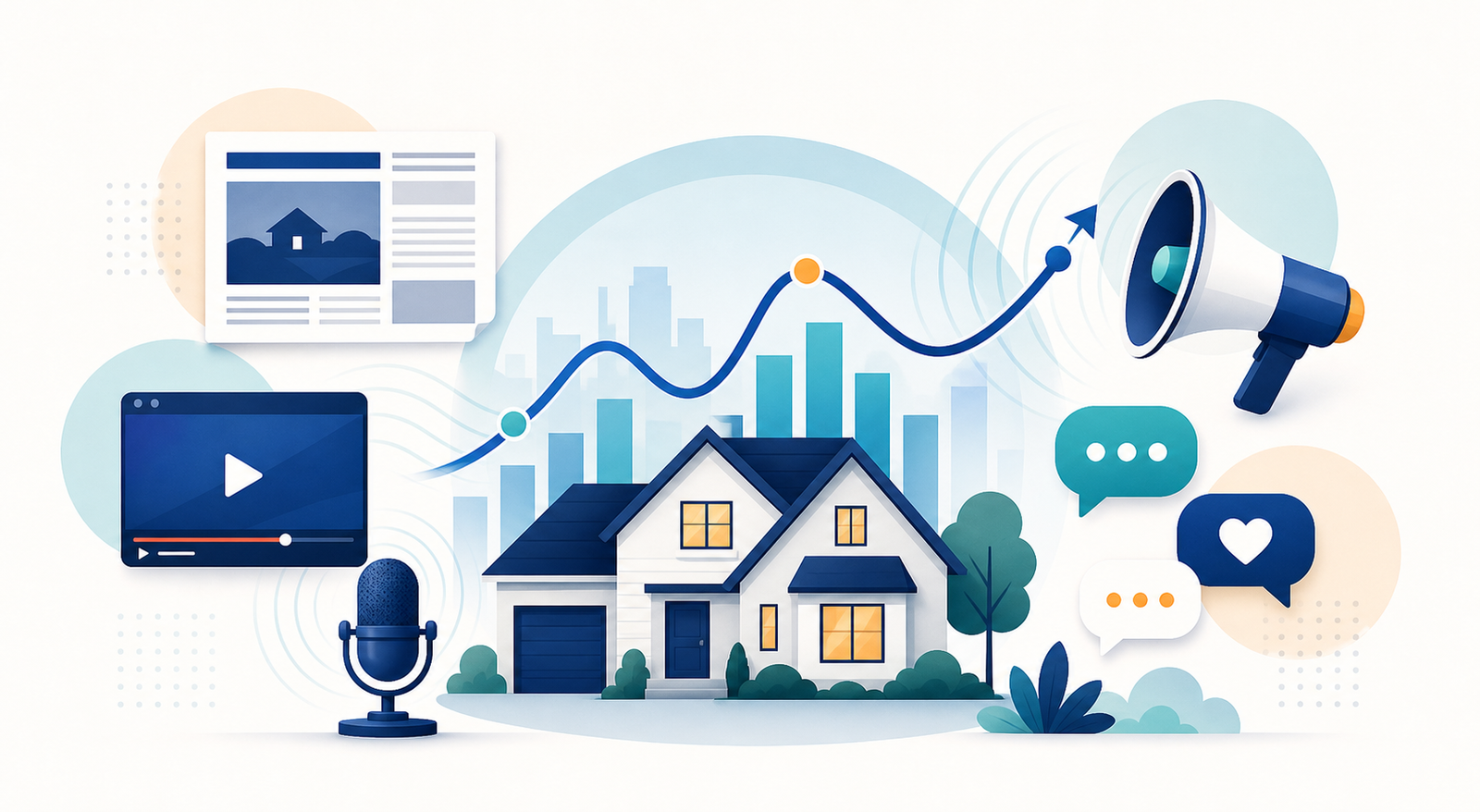 Illustration of news and social media influencing the real-estate market