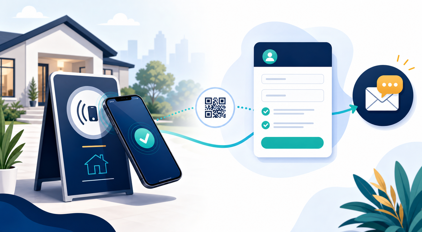 Illustration of a smartphone using NFC and QR check-in at an open house