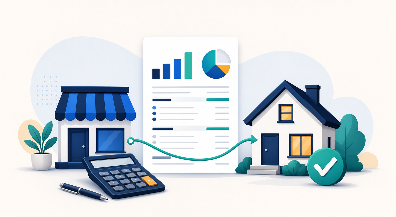 Illustration of a self-employed business P&L statement connected to home financing