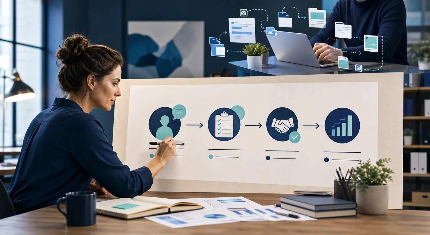 Small-business owner mapping a human-controlled AI workflow from intake to measured outcome