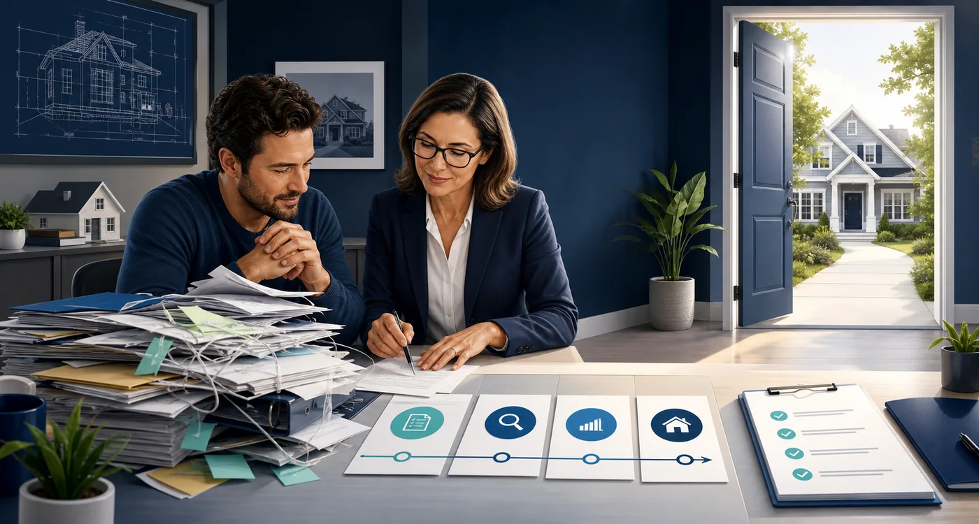 Homeowner and mortgage professional organizing next steps after a mortgage decline